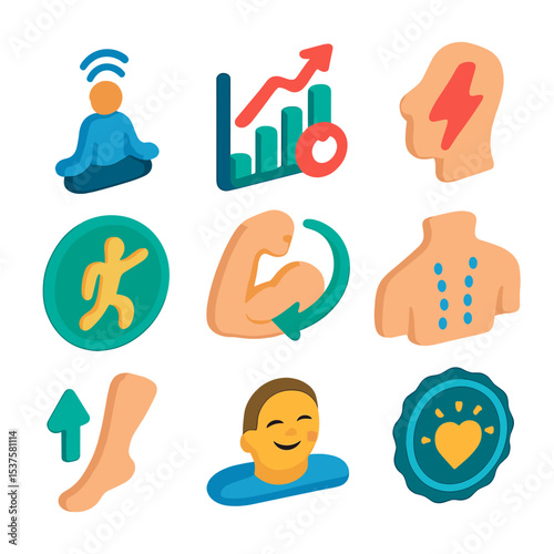 Health Benefits Icons. Isometric Flat icon set of health benefits icons: stress reduction icon, improved circulation chart, pain