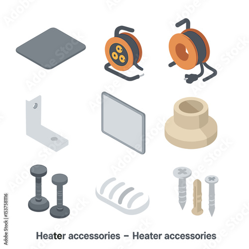 Heater Accessories Icons. Isometric Flat icon set of heater accessories: heat-resistant mat, extension cord reel, grille guard