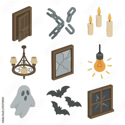 Haunted House Icon Set. Isometric Flat icon set of haunted house elements: creaky door, rattling chains, floating candles,