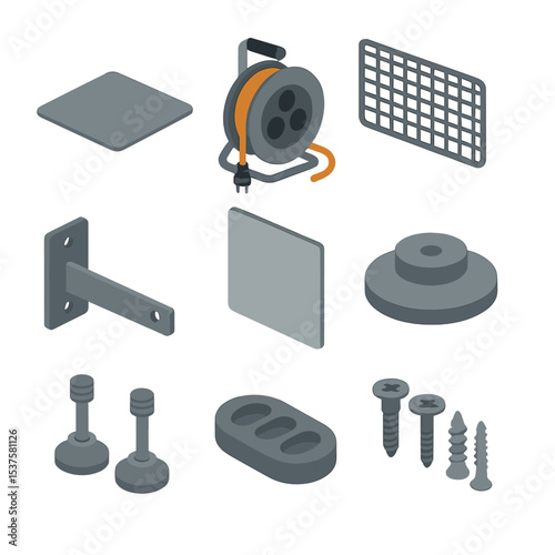 Heater Accessories Icons. Isometric Flat icon set of heater accessories: heat-resistant mat, extension cord reel, grille guard