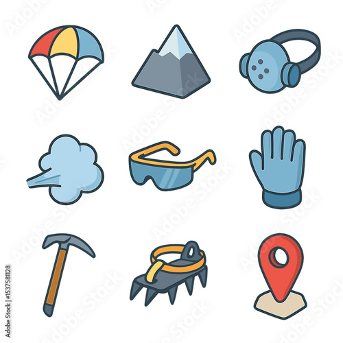 High-Altitude Trek Icons. Isometric Flat icon set of High-altitude sky trek: parachute icon, mountain outline, oxygen mask, cold