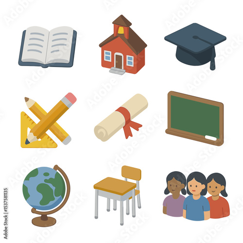 Historic Education Icons. Isometric Flat icon set of Historic education access acts for girls: open textbook, schoolhouse,