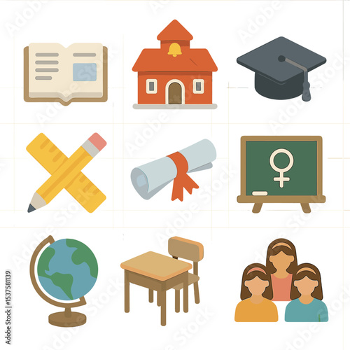 Historic Education Icons. Isometric Flat icon set of Historic education access acts for girls: open textbook, schoolhouse,