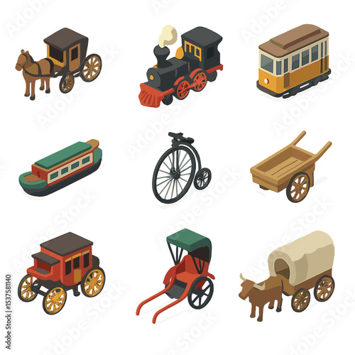 Historic Transport Icons. Isometric Flat icon set of Historic transport modes: horse-drawn carriage, steam locomotive, vintage
