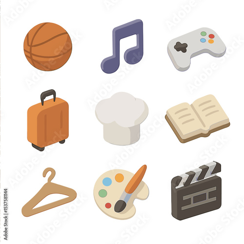 Hobby Icons Collection. Isometric Flat icon set of Interest and hobby profiles: sports ball, music note, game controller, suitcase