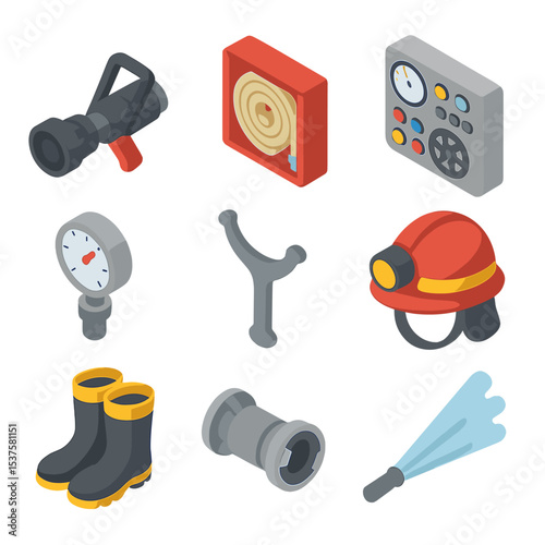 High-Pressure Hose Icons. Isometric Flat icon set of High-pressure hose operations: high-pressure nozzle, fire hose reel, pump