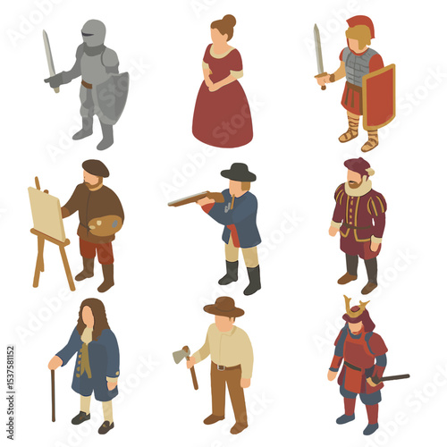 Historical Costume Icons. Isometric Flat icon set of Period costume reenactments: medieval knight, Victorian lady, Roman soldier,