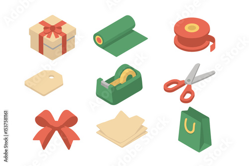 Holiday Gift Icons. Isometric Flat icon set of holiday gift wrapping supplies: gift box, wrapping paper roll, ribbon roll, gift