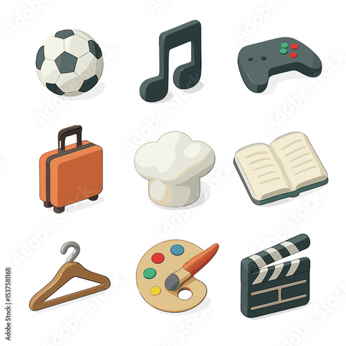 Hobby Icons Collection. Isometric Flat icon set of Interest and hobby profiles: sports ball, music note, game controller, suitcase