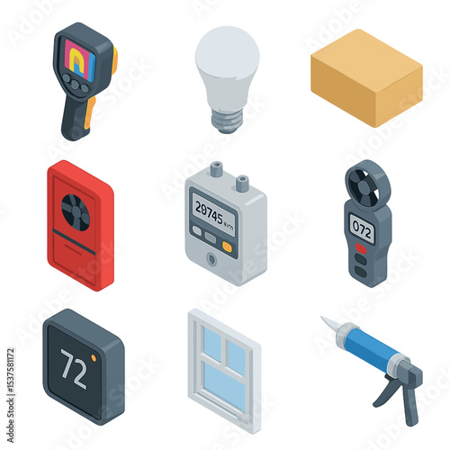 Home Energy Audit Icons. Isometric Flat icon set of home energy audit: thermal camera, LED light bulb, insulation sample, blower