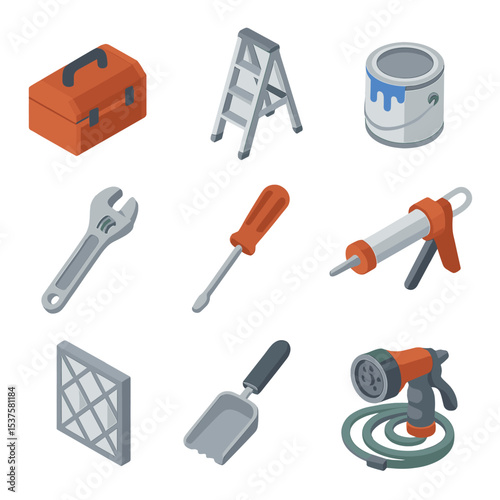 Home Maintenance Icons. Isometric Flat icon set of home maintenance walkthrough: toolbox, ladder, paint can, adjustable wrench,