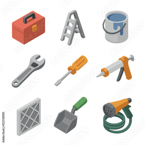 Home Maintenance Icons. Isometric Flat icon set of home maintenance walkthrough: toolbox, ladder, paint can, adjustable wrench,