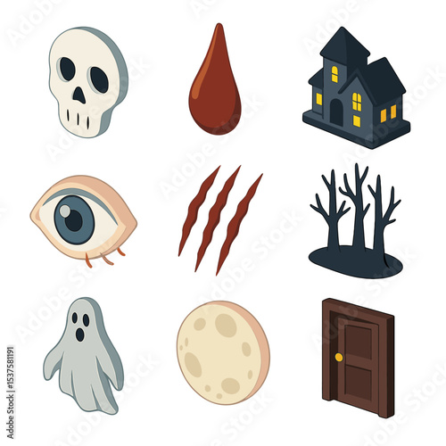 Horror Icon Collection. Isometric Flat icon set of horror graphic novels: skull mask, blood drip, haunted house, frightened eye,