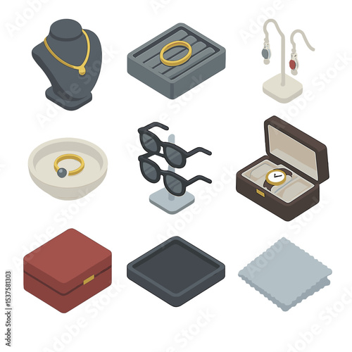 Jewelry Accessories Icons. Isometric Flat icon set of Accessories and jewelry section: necklace stand, bracelet tray, earring
