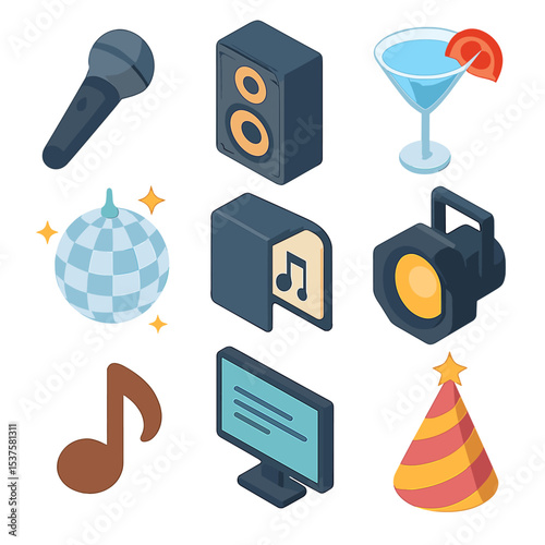 Karaoke Party Icons. Isometric Flat icon set of Karaoke and cocktails: microphone, speaker, cocktail glass, disco ball, songbook,