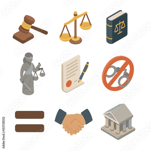 Justice Icons Collection. Isometric Flat icon set of Justice equality principles: gavel, scales of justice, law book, courthouse,