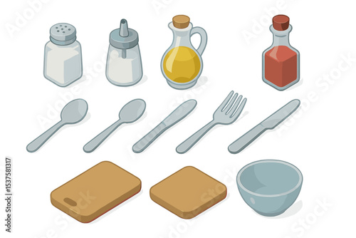 Kitchen Utensil Icons. Isometric Flat icon set of kitchen utensil companions: salt shaker, sugar dispenser, oil cruet, vinegar