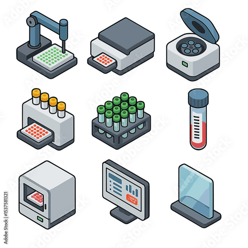 Laboratory Automation Icons. Isometric Flat icon set of laboratory automation platforms: liquid handler arm, microplate reader,