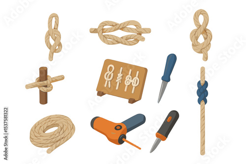 Knot Tying Icons. Isometric Flat icon set of knot tying and rope skills: bowline knot, square knot, figure-eight knot, clove hitch