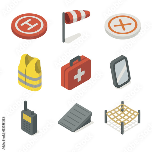 Landing Zone Icon Set. Isometric Flat icon set of Landing Zone Elements: landing circle, wind sock, drop zone marker, ground crew