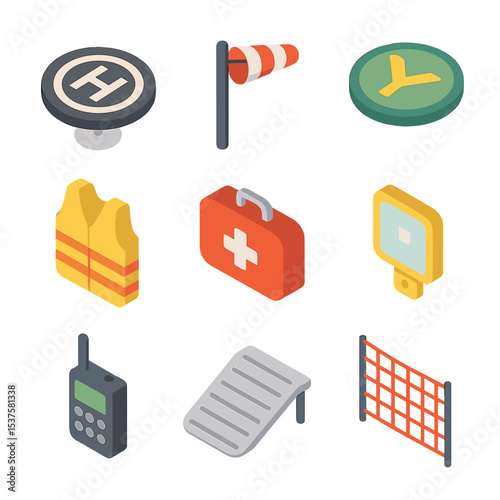 Landing Zone Icon Set. Isometric Flat icon set of Landing Zone Elements: landing circle, wind sock, drop zone marker, ground crew