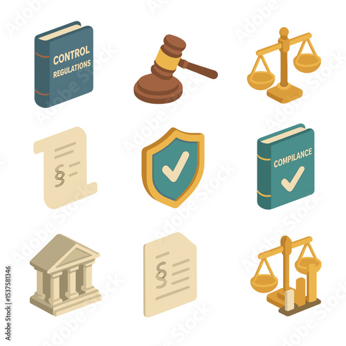 Legal Compliance Icon Set. Isometric Flat icon set of Export Control Regulations: law book, gavel, scale of justice, legal code
