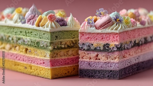   A close-up of a cake's slice, displaying frosting and floral decorations on top