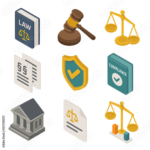 Legal Compliance Icon Set. Isometric Flat icon set of Export Control Regulations: law book, gavel, scale of justice, legal code