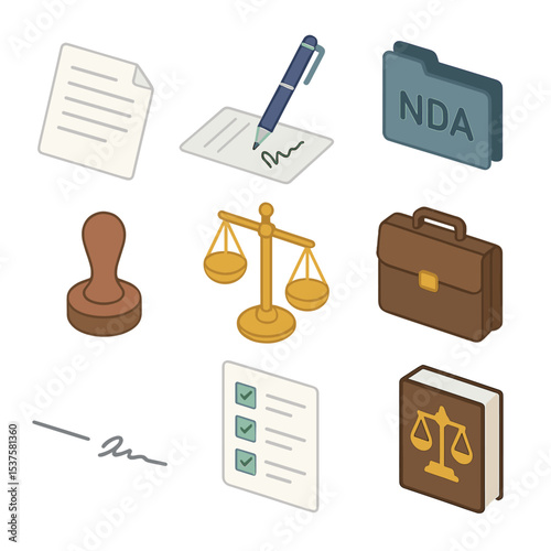 Legal Icon Set. Isometric Flat icon set of legal and contracts: contract document, pen signing, NDA folder, seal stamp, scales of