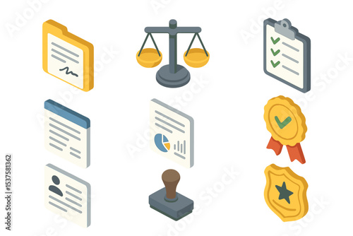 Legal Compliance Icons. Isometric Flat icon set of legal and compliance items: contract folder, legal scales, compliance checklist