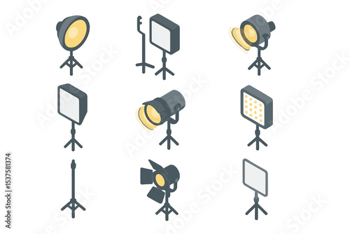 Lighting Gear Icons. Isometric Flat icon set of Lighting Gear: key light, fill light, backlight, softbox, spotlight, LED panel,