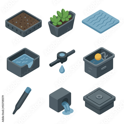 Living Roof Irrigation Icons. Isometric Flat icon set of living roof irrigation modules: soil substrate tray, succulent pocket,