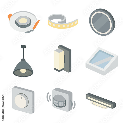 Lighting Design Icons. Isometric Flat icon set of lighting design: recessed downlight, LED strip, backlit mirror, pendant light,