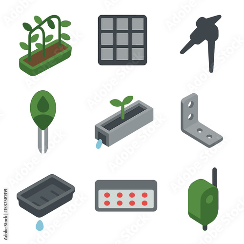 Living Wall Icon Set. Isometric Flat icon set of living green wall modules: climbing plant tray, root support grid, irrigation