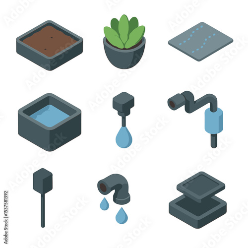 Living Roof Irrigation Icons. Isometric Flat icon set of living roof irrigation modules: soil substrate tray, succulent pocket,