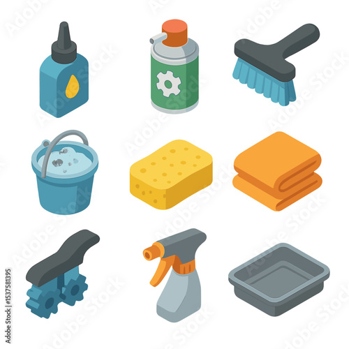 Lubrication Icon Set. Isometric Flat icon set of Lubrication and cleaning routine: chain lubricant, degreaser spray, cleaning