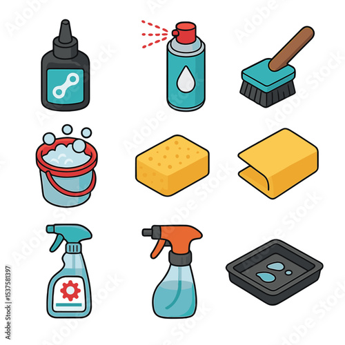 Lubrication Icon Set. Isometric Flat icon set of Lubrication and cleaning routine: chain lubricant, degreaser spray, cleaning