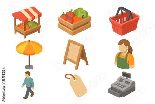 Market Icon Set. Isometric Flat icon set of bustling open-air market in town square: vendor stall, produce crate, shopping basket,