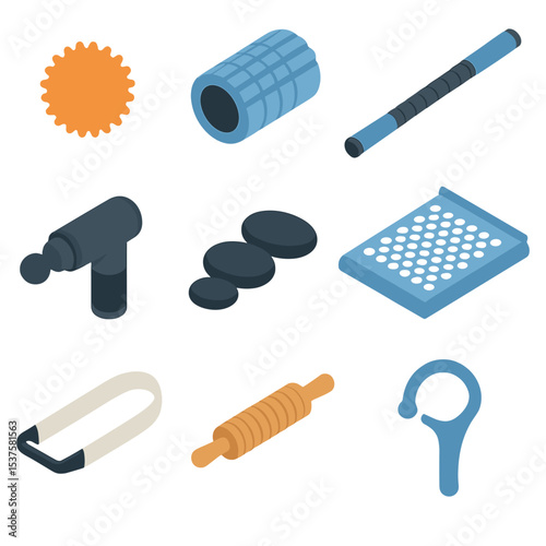 Isometric Massage Tools. Isometric Flat icon set of massage tools: massage ball, foam roller, massage stick, percussion gun, hot