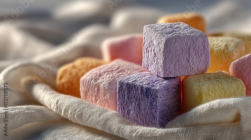   A bed with white cloth covered in colorful marshmallows