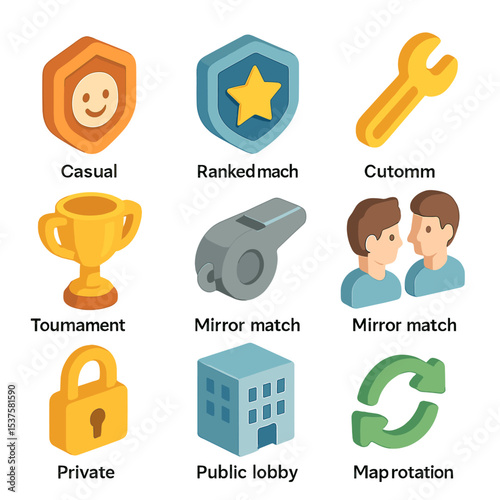 Match Type Icon Set. Isometric Flat icon set of match types: casual badge, ranked badge, custom match wrench, tournament match cup