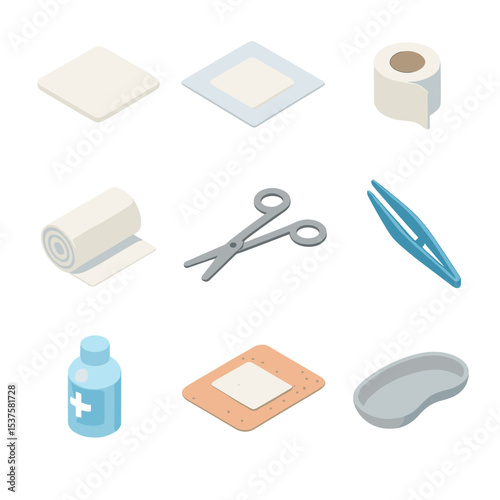 Medical Supplies Icon Set. Isometric Flat icon set of Medical gauze and tissue dressing: gauze pad, sterile wrap, adhesive tape,
