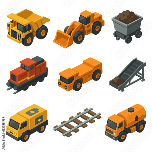 Mine Transport Icons. Isometric Flat icon set of Mine transport vehicles: haul truck, underground loader, minecart, locomotive,