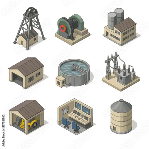 Mine Infrastructure Icons. Isometric Flat icon set of Mine infrastructure and facilities: headframe, hoist winch, processing plant