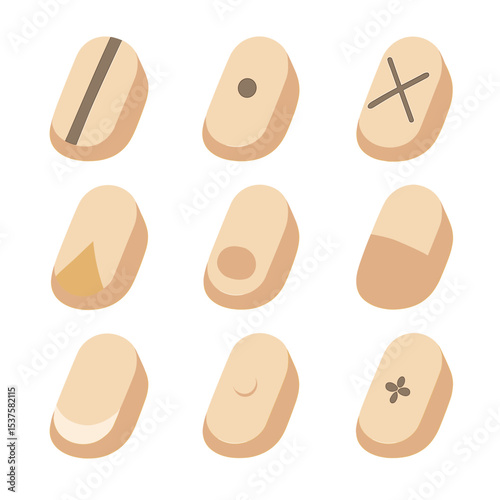 Minimalist Nail Art Icons. Isometric Flat icon set of minimalist nail art accents: single stripe, dot accent, geometric line,