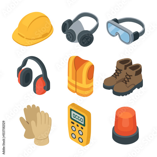 Mining Safety Gear Icons. Isometric Flat icon set of Mining safety gear: hard hat, respirator mask, safety goggles, ear protection