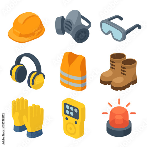 Mining Safety Gear Icons. Isometric Flat icon set of Mining safety gear: hard hat, respirator mask, safety goggles, ear protection