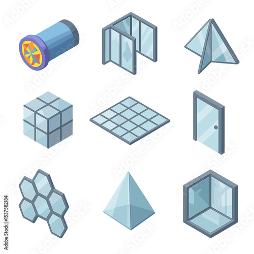 Mirror Maze Icons. Isometric Flat icon set of mirror maze and kaleidoscope effects: kaleidoscope tube, mirrored corridor,