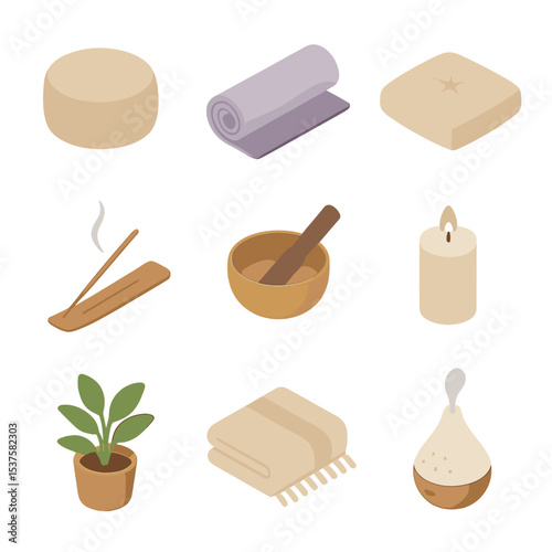 Modern Meditation Icons. Isometric Flat icon set of Meditation and mindfulness corner: pouf cushion, yoga mat, floor pillow,
