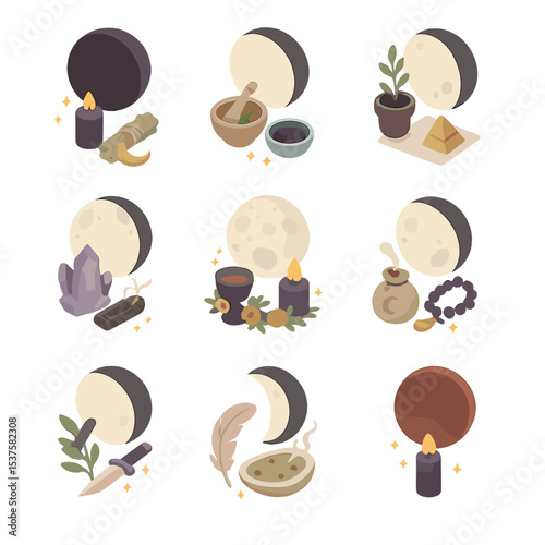 Moon Phase Ritual Icons. Isometric Flat icon set of moon phase rituals: new moon, waxing crescent, first quarter, waxing gibbous,